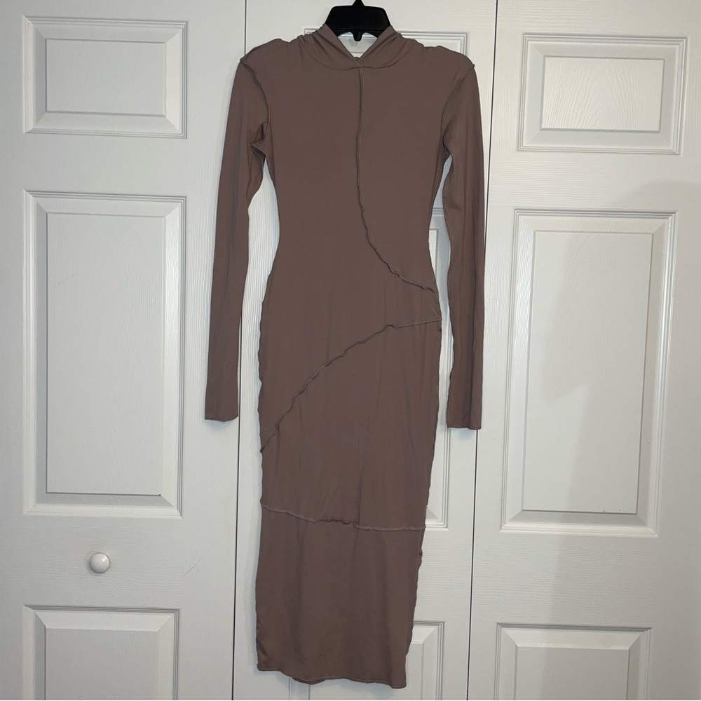 Beige Hooded Bodycon Long Sleeve Dress Floor Length Outside Seam Hoodie Dress